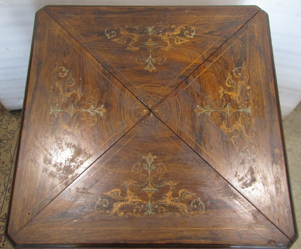 An Edwardian rosewood envelope card table of usual form, with marquetry inlaid detail over a - Image 2 of 4