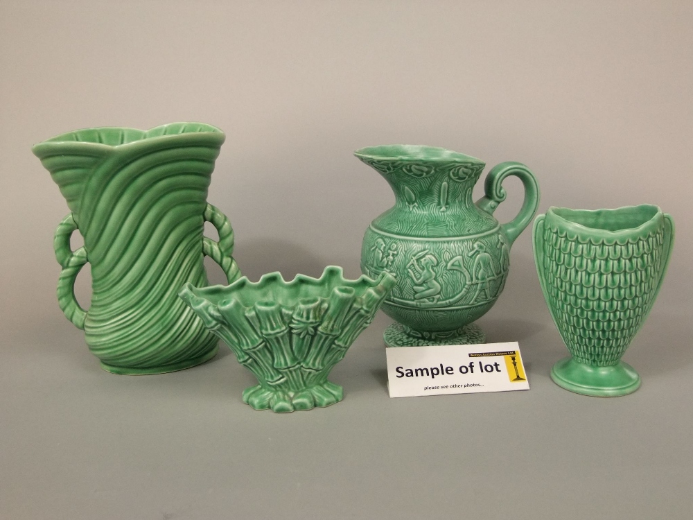 A collection of Sylvac jugs and vases in green and buff glazed finishes including example in the - Image 3 of 5