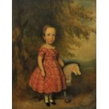 Mid-19th century British school - Full length portrait of a young child in red plaid dress,