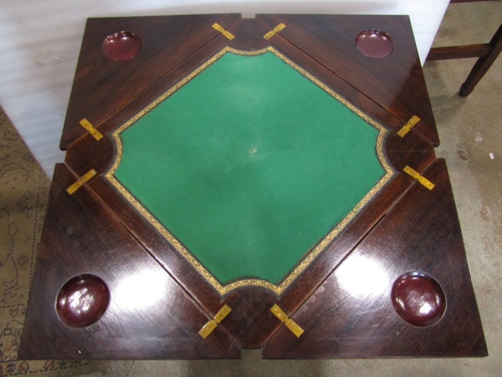 An Edwardian rosewood envelope card table of usual form, with marquetry inlaid detail over a - Image 3 of 4