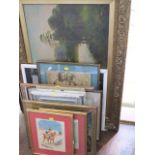 A collection of pictures and prints including an early 20th century painting on board of a lake