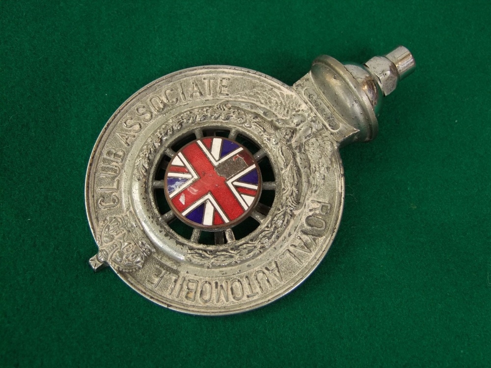 A vintage enamel Royal Automobile Club Associate car badge with union jack centre