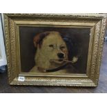 After Sir Edwin Landseer - humorous head of a pipe smoking dog, oil on canvas, signed with initial