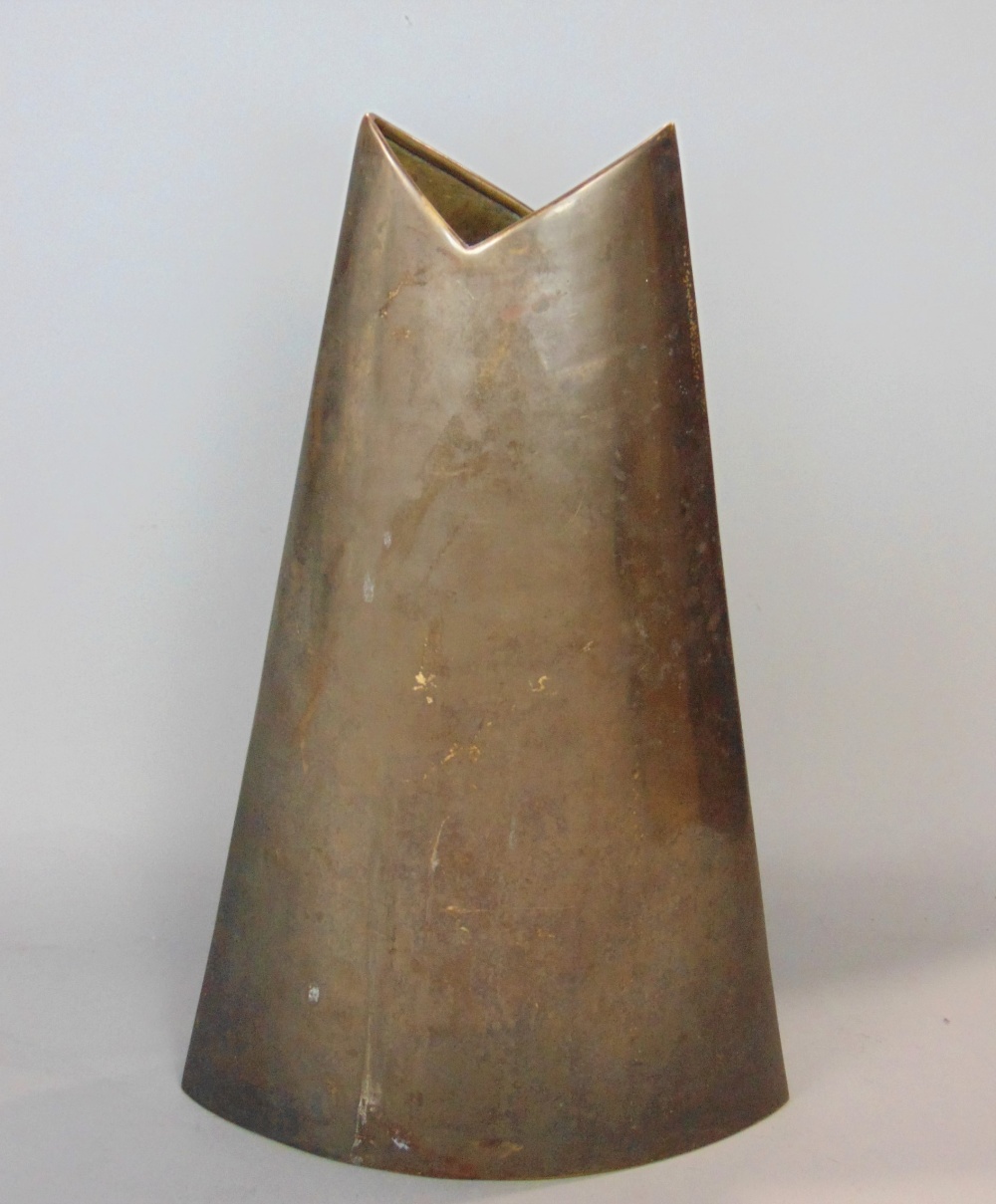 By James Johnstone (late 20th century) - Stylised studio brass vase of tapered form, 34cm high