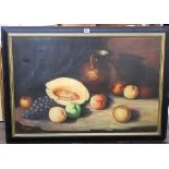 R Lopez (20th century continental school) - still life with fruit and copper jug, oil on canvas,