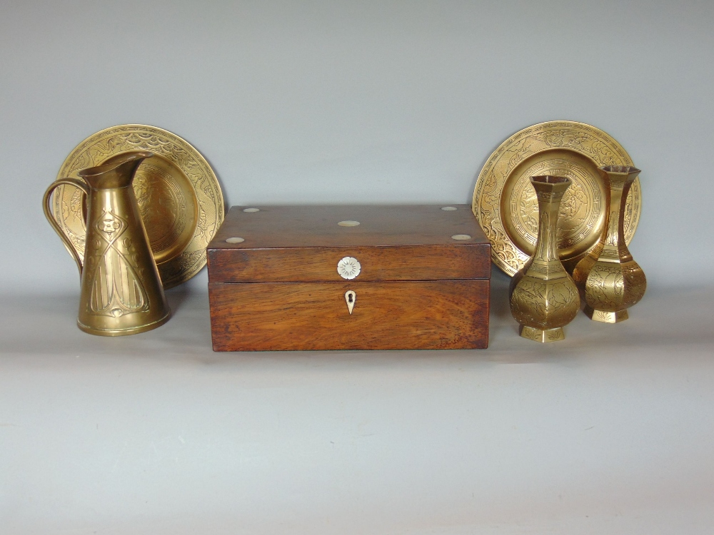 19th century rosewood and pearl inlaid jewellery casket, the hinged lid enclosing a two tier baise