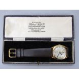 1930s Herbert Wolf Ltd mid sized 9ct gents wrist watch, with two tone silvered dial, subsidiary