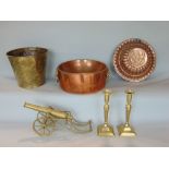 A mixed metalware lot to include a copper jardiniere with twin brass lion head ring handles,