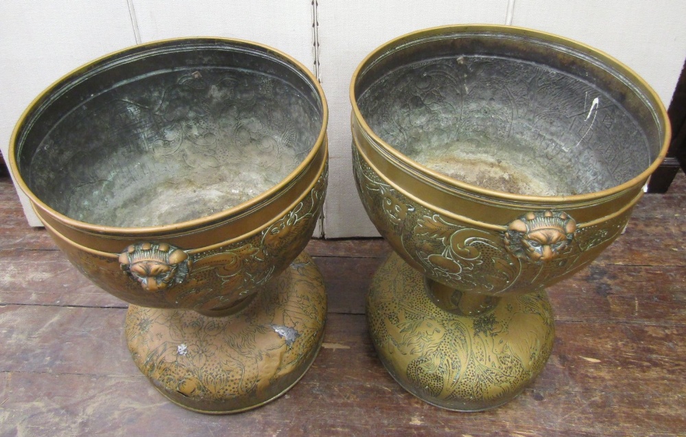 A pair of 19th century hammered brass jardinieres, the repeating detail showing rural life with - Image 4 of 4