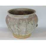 Antique Japanese bronze jardiniere, decorated in relief with exotic birds upon a textured ground,