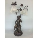 Novelty bronzed spelter figural lamp in the form of a young shepherd boy with a sheep at his