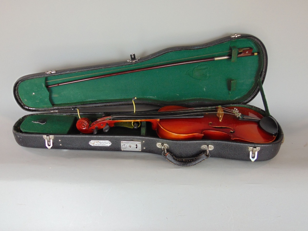 Cased Chinese violin with nickel mounted bow