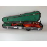 Cased Chinese violin with nickel mounted bow