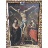 18th century continental school - Crucifixion scene, oil on wooden panel, 38 x 25cm approx, framed