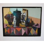 Early 21st century school - Cubist style still life with masks, model of a bird, vase and cover,