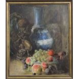 G H Holmes (British 19th century school) - Still life with fruit, sculpture, carafe, etc, oil on