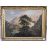 Early 19th century British school - Mountainous landscape with woman leading a horse, figure in a