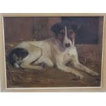 Samuel Fulton (Scottish 1855-1943) - Recumbent Jack Russell type terrier in stable setting, oil on