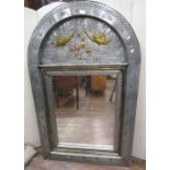 A wall mirror set in a galvanised frame, with applied angel and foliate detail and in copper and
