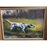 F Van Loay - Study of a black and white setter in a wooded landscape, oil on canvas, signed, 49 x