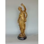 Gilt spelter figure of a maiden, originally from a mystery clock, 60cm high