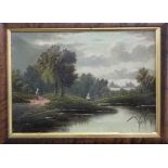 19th century British school - River scene with fishermen and further figure, oil on canvas, signed