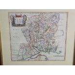 An 18th century coloured map of Wiltshire by Robert Morden, 36 x 42.5cm visible sheet size, a