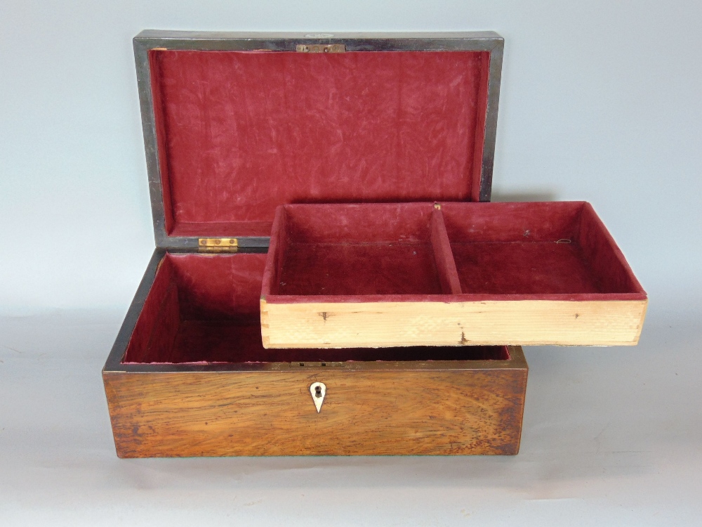 19th century rosewood and pearl inlaid jewellery casket, the hinged lid enclosing a two tier baise - Image 2 of 4