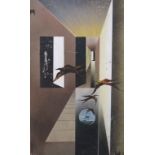 20th century British school - A pair of surrealist type scenes with corridors, birds, etc, oil on