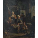 18th century continental school - Cottage interior scene with man lighting a pipe, woman preparing