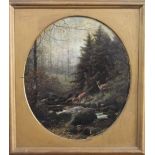 19th century British school - Study of a pair of deer watering in a forest setting, oil on canvas,