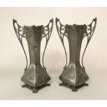 Pair of art nouveau WMF twin handled square baluster vases with typical scrolled floral trails and