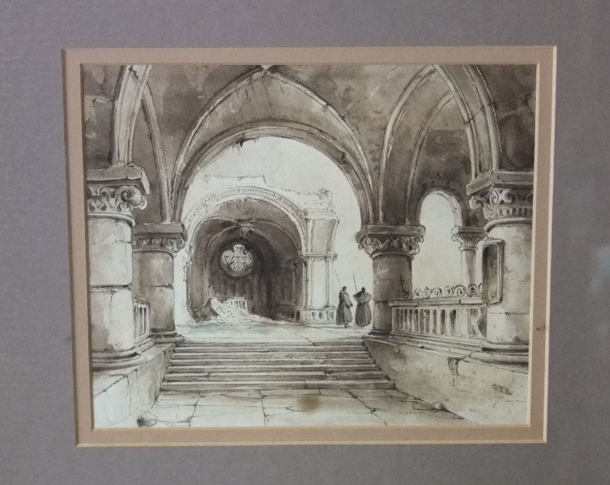 19th century British school - Study of a church interior, sepia watercolour on paper, indistinctly