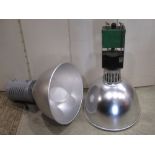 A pair of 400 watt MBF balust industrial lights with brushed chrome shades