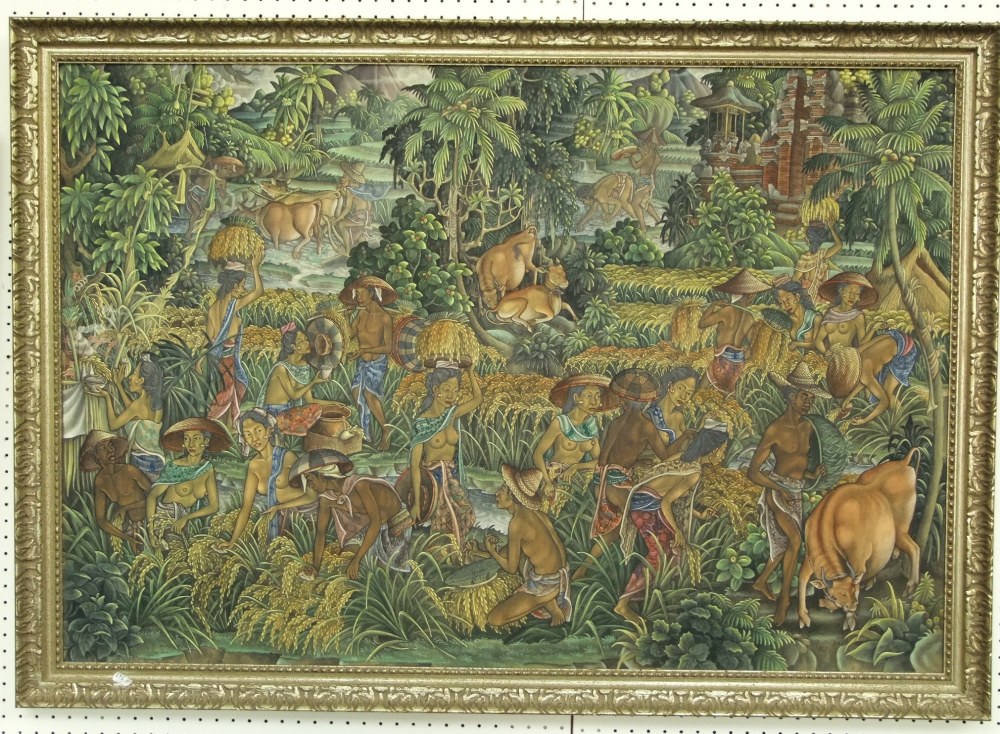 20th century Indonesian school, busy harvesting scene of numerous figures, animals, etc, gouache