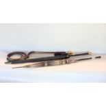 A plaited leather silver collared horn handled riding crop/whip, together with two early 20th