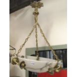 A good quality alabaster plafonnier, hung with cast gilt metal chain links, ceiling rose and three