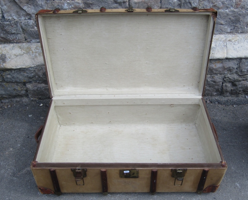 A vintage green canvas travelling trunk with timber lathes together with a vintage wicker work - Image 2 of 4