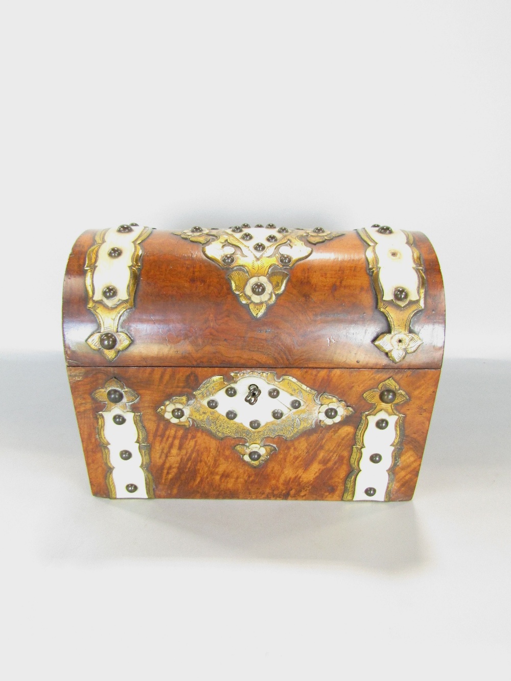 19th century burr walnut and strap work casket with stud and bone details, the hinged lid - Image 2 of 2