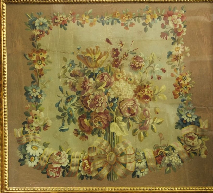 A 19th century painted design for an embroidered chair seat incorporating a bouquet of flowers