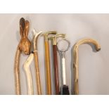 A collection of various walking sticks to include a long walking stick with good carved rabbits head