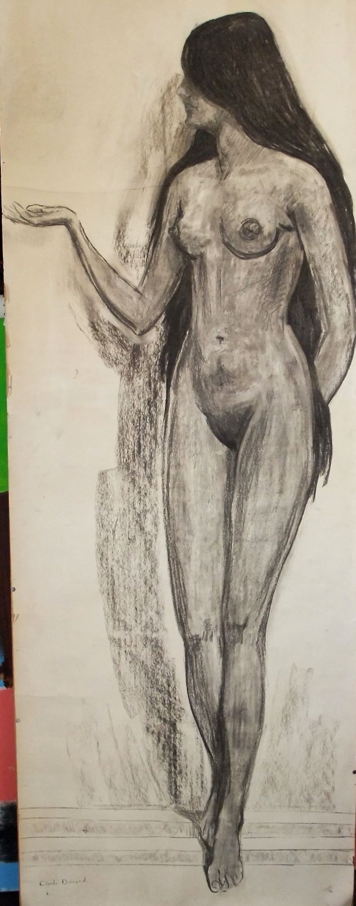 Claude Bernard (French 1926-2016) - Full length study of a standing female nude, charcoal on