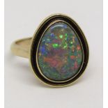 Good 9ct pear cut boulder opal ring, maker BHM, size N, 5.5g