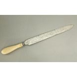 A good quality silver plated ivory handled wedding blade, the serrated blade engraved with