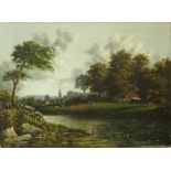 19th century British school - River landscape with cattle and sheep, with distant church spire,