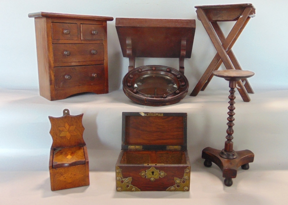 A good collection of antique and later treen and wood wares to include an apprentice chest of