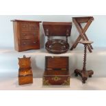 A good collection of antique and later treen and wood wares to include an apprentice chest of