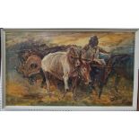 R G Trow (20th century British) - Ox drawn cart and driver, oil on board, signed and dated 1968,