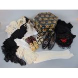 Collection of antique and vintage clothing and textiles including Edwardian black leather ladies