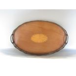 Edwardian silver plated and fruitwood gallery tray with boxwood fan inlay and on four ball feet,